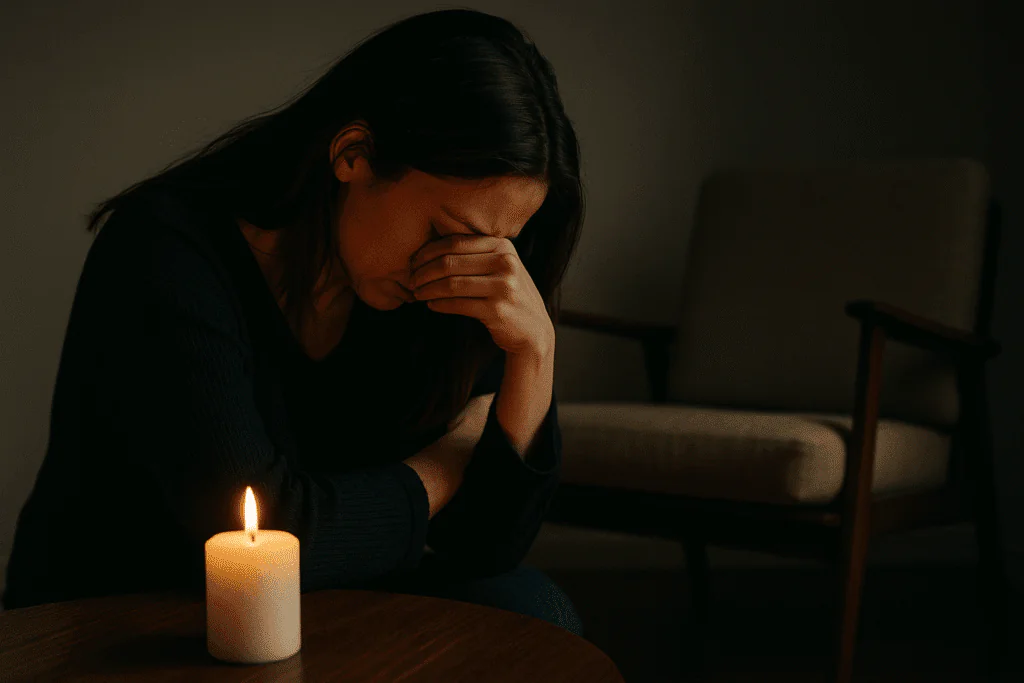 Mujer joven llorando junto a una vela encendida, con una silla vacía al fondo en una habitación en penumbra.