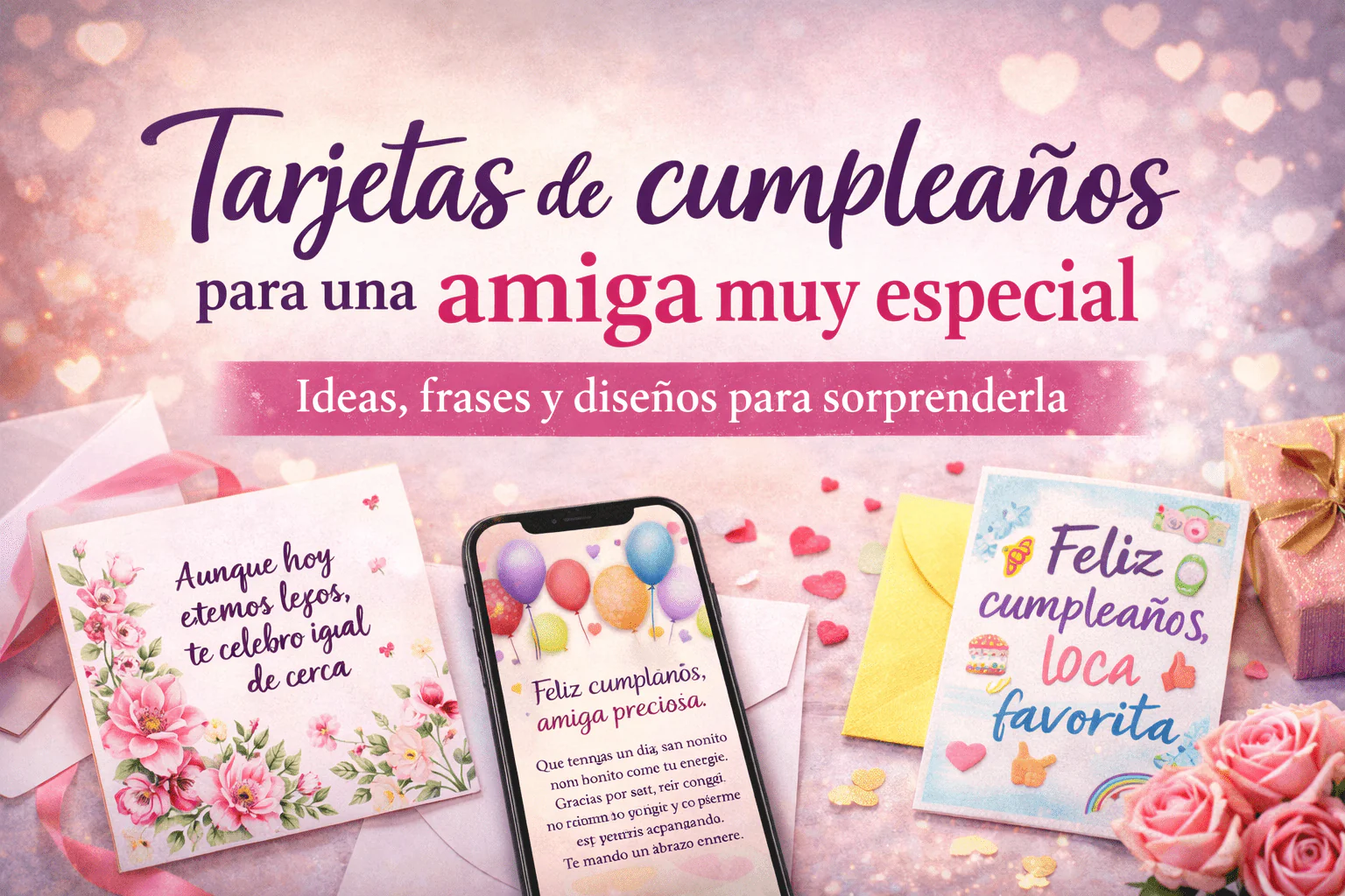 Tarjetas de cumpleaños para una amiga muy especial con diseños florales, versión para WhatsApp y tarjeta divertida de felicitación.