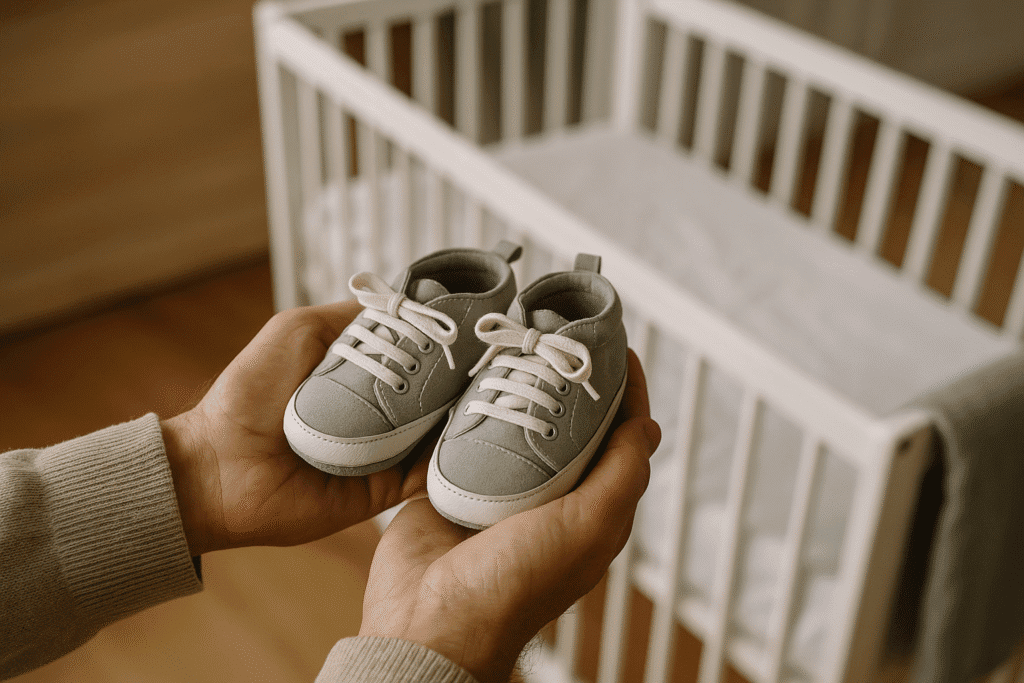 Manos adultas sostienen unos pequeños zapatos de bebé grises frente a una cuna blanca vacía.