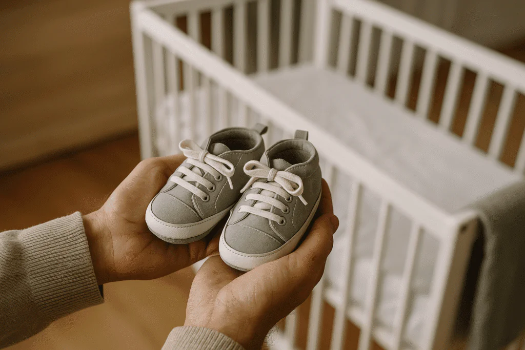 Manos adultas sostienen unos pequeños zapatos de bebé grises frente a una cuna blanca vacía.