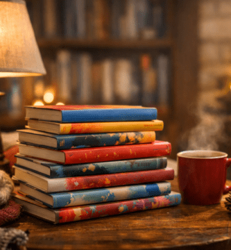 Pila de libros infantiles y juveniles sobre una mesa de madera, con luz cálida, manta y una taza al costado.