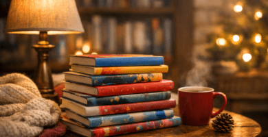 Pila de libros infantiles y juveniles sobre una mesa de madera, con luz cálida, manta y una taza al costado.