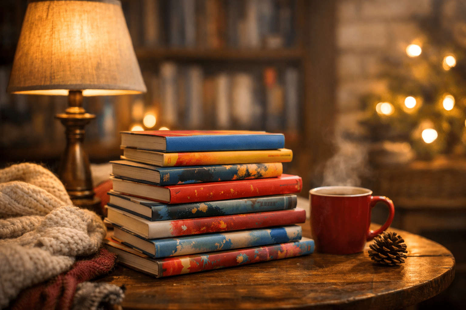 Pila de libros infantiles y juveniles sobre una mesa de madera, con luz cálida, manta y una taza al costado.