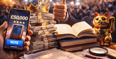 Manuscrito y pila de libros en una feria; imagen para nota del premio “reader-led” de £50.000 con Hachette UK.