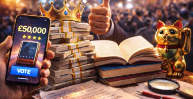 Manuscrito y pila de libros en una feria; imagen para nota del premio “reader-led” de £50.000 con Hachette UK.