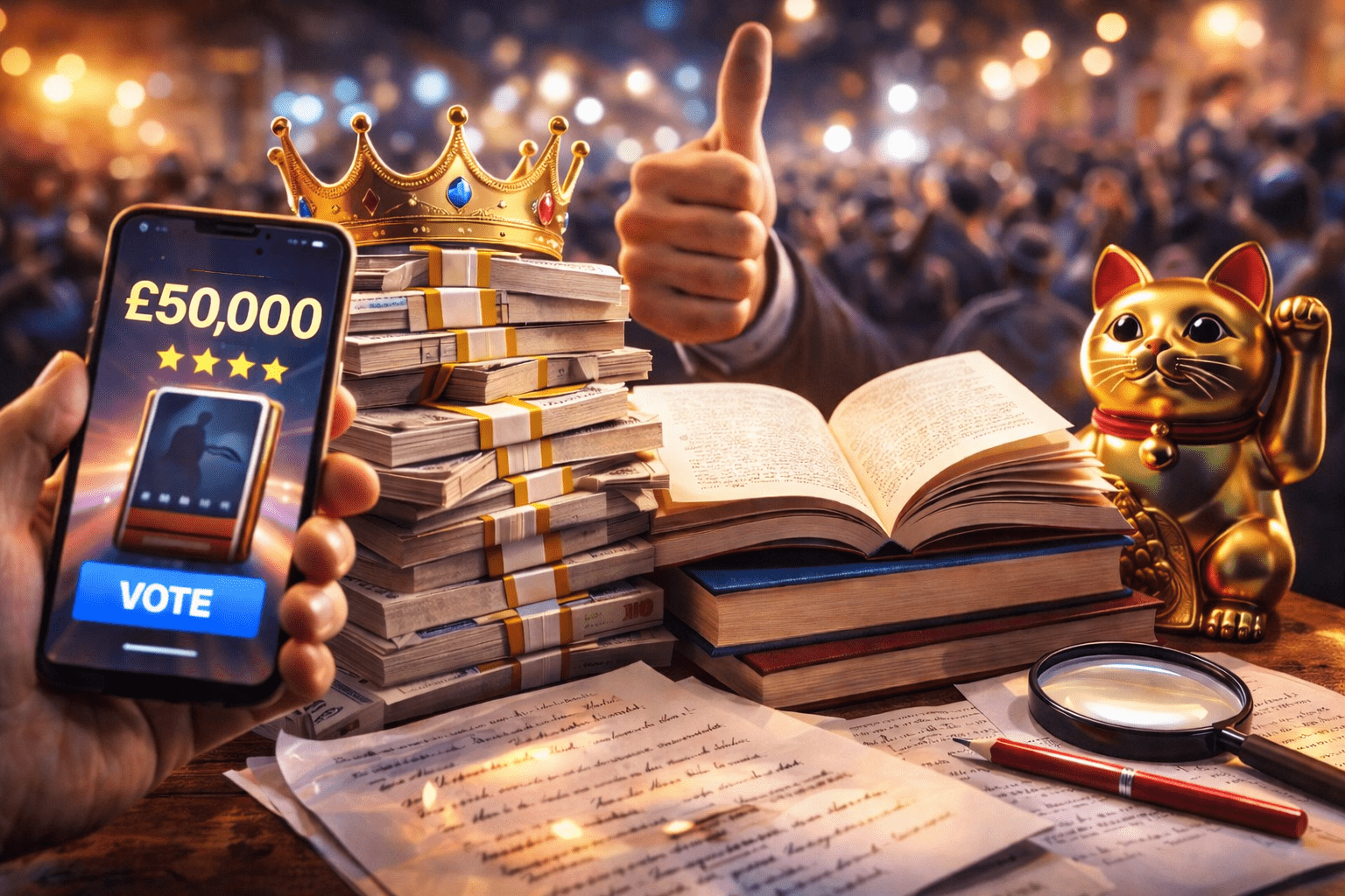 Manuscrito y pila de libros en una feria; imagen para nota del premio “reader-led” de £50.000 con Hachette UK.