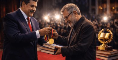Nicolás Maduro entrega un trofeo en una ceremonia literaria; mesa con libros en primer plano y luces de teatro al fondo.