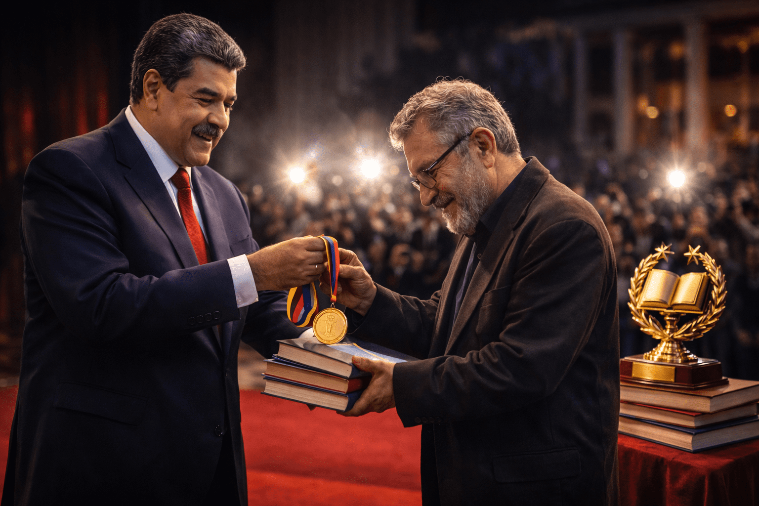 Nicolás Maduro entrega un trofeo en una ceremonia literaria; mesa con libros en primer plano y luces de teatro al fondo.