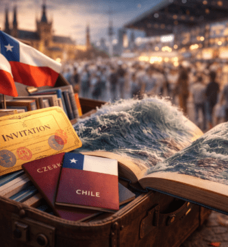 Maleta con libros y banderines de Czechia y Chile frente a una feria; un libro abierto “suelta” una ola, concepto Frankfurt 2026/27.