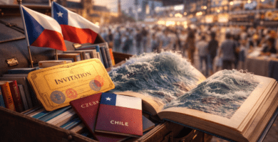 Maleta con libros y banderines de Czechia y Chile frente a una feria; un libro abierto “suelta” una ola, concepto Frankfurt 2026/27.