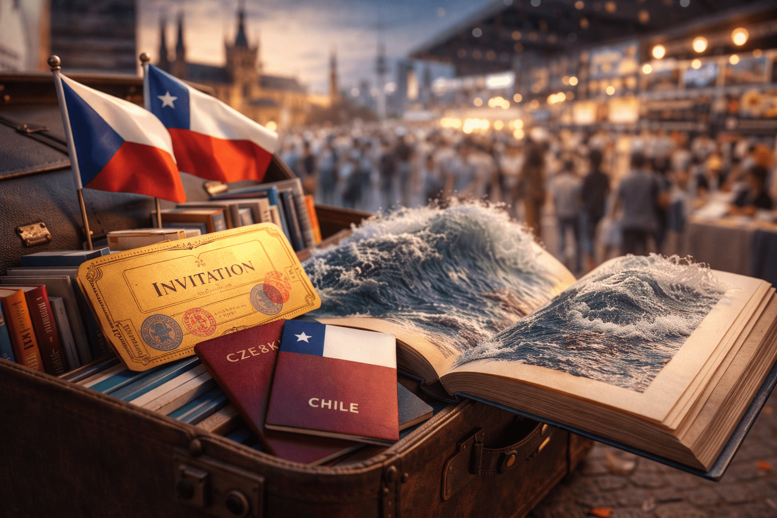 Maleta con libros y banderines de Czechia y Chile frente a una feria; un libro abierto “suelta” una ola, concepto Frankfurt 2026/27.