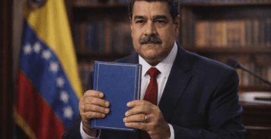 Nicolás Maduro sostiene un libro abierto en un despacho, con biblioteca desenfocada al fondo.