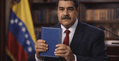 Nicolás Maduro sostiene un libro abierto en un despacho, con biblioteca desenfocada al fondo.