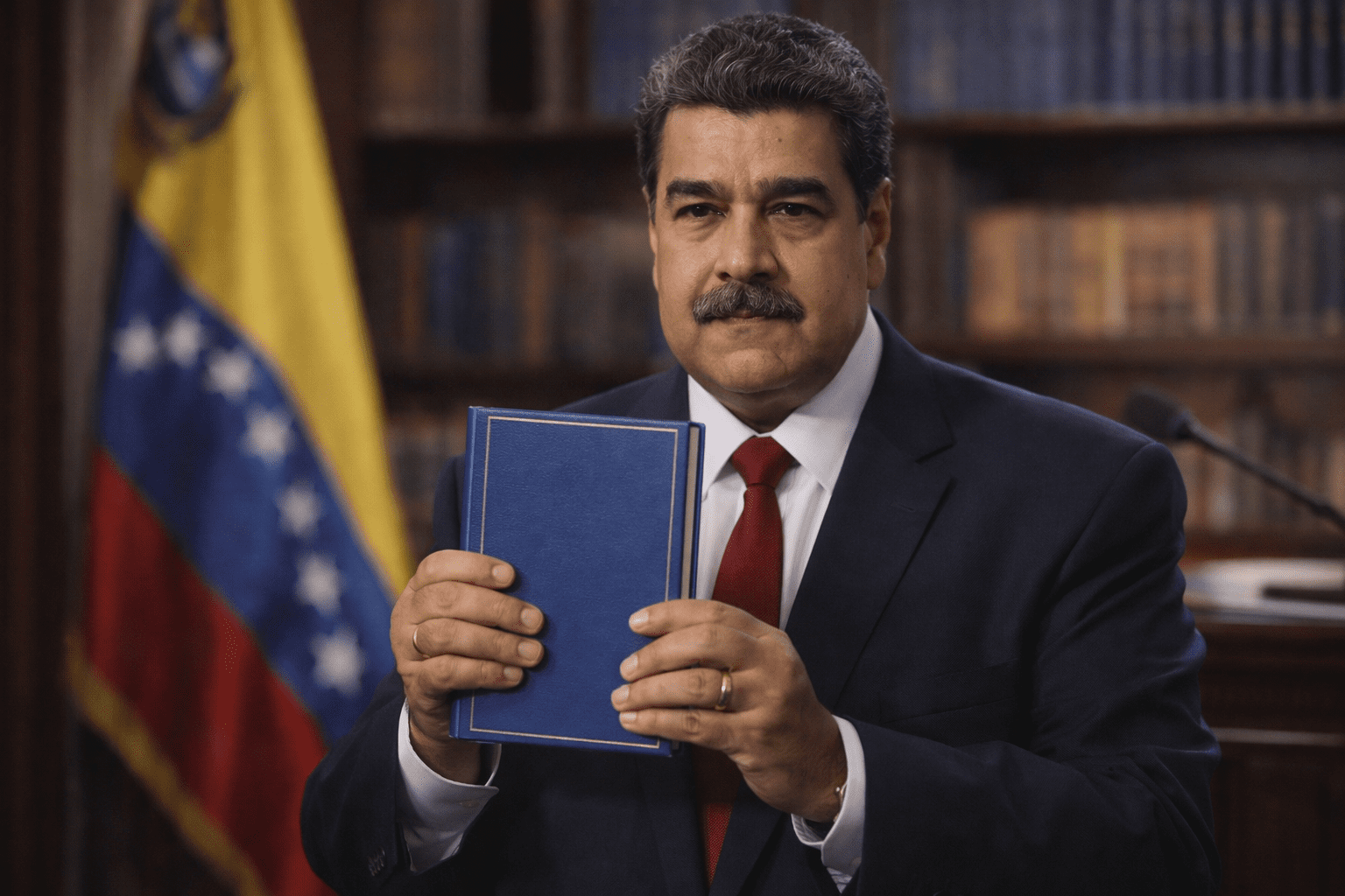 Nicolás Maduro sostiene un libro abierto en un despacho, con biblioteca desenfocada al fondo.