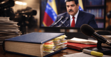 Nicolás Maduro en atril sostiene un libro y un documento; flashes al fondo y pila de libros a un costado, estilo prensa.