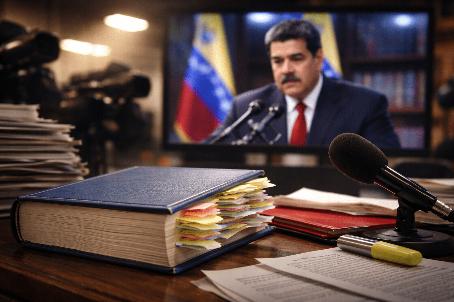 Nicolás Maduro en atril sostiene un libro y un documento; flashes al fondo y pila de libros a un costado, estilo prensa.