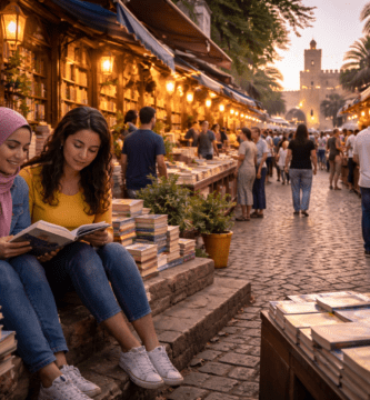 Mercado de libros al atardecer en Rabat, con puestos iluminados y lectoras en primer plano; Capital Mundial del Libro 2026.