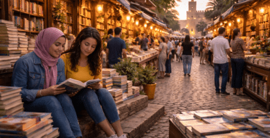 Mercado de libros al atardecer en Rabat, con puestos iluminados y lectoras en primer plano; Capital Mundial del Libro 2026.