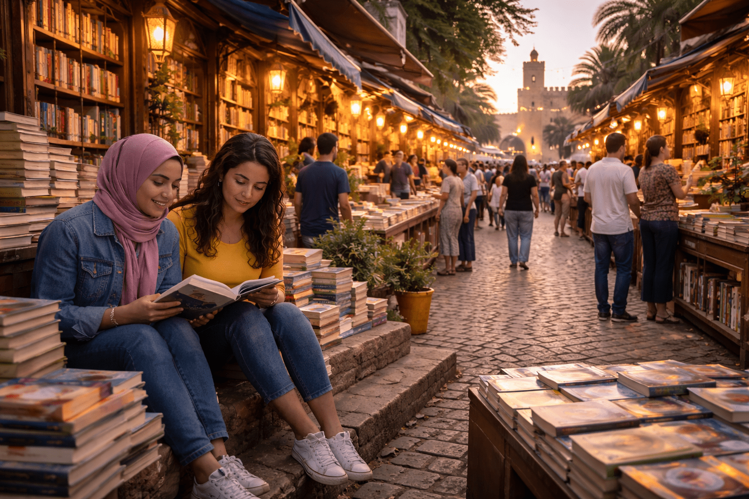 Mercado de libros al atardecer en Rabat, con puestos iluminados y lectoras en primer plano; Capital Mundial del Libro 2026.