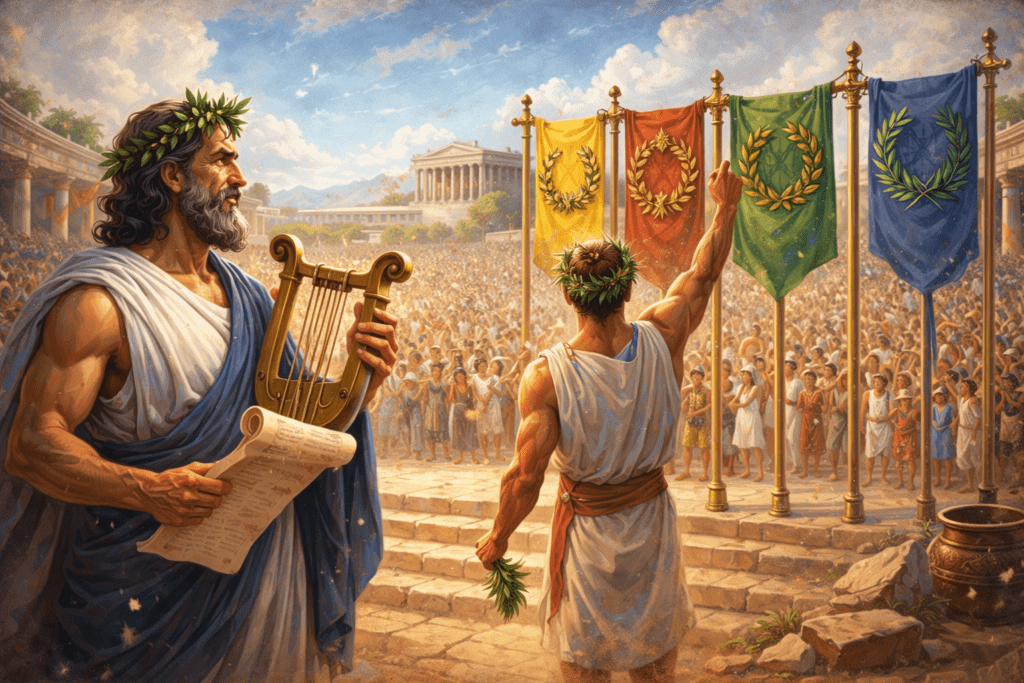 Ilustración de Píndaro celebrando una victoria en un estadio griego antiguo: poeta con corona de laurel, lira y pergamino, junto a un atleta victorioso y estandartes de los juegos al fondo.