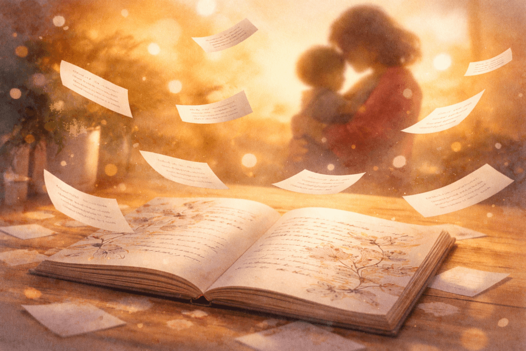 Cuaderno abierto con notas poéticas y hojas volando en luz dorada; al fondo, madre e hijo abrazados en acuarela cálida.