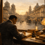Fotografía horizontal realista de un escritor español del siglo XIX en un despacho con libros antiguos, pluma y manuscritos, evocando el realismo de Benito Pérez Galdós.