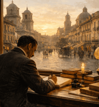 Fotografía horizontal realista de un escritor español del siglo XIX en un despacho con libros antiguos, pluma y manuscritos, evocando el realismo de Benito Pérez Galdós.