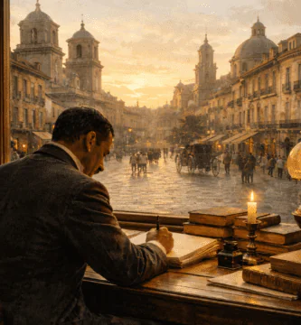 Fotografía horizontal realista de un escritor español del siglo XIX en un despacho con libros antiguos, pluma y manuscritos, evocando el realismo de Benito Pérez Galdós.