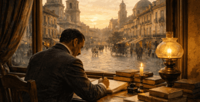 Fotografía horizontal realista de un escritor español del siglo XIX en un despacho con libros antiguos, pluma y manuscritos, evocando el realismo de Benito Pérez Galdós.