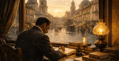 Fotografía horizontal realista de un escritor español del siglo XIX en un despacho con libros antiguos, pluma y manuscritos, evocando el realismo de Benito Pérez Galdós.