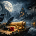 Ilustración romántica nocturna inspirada en Bécquer: luna llena, ruinas góticas, cuervo, pluma y pergamino, rosa roja y pulsera dorada con cruz, con ojos verdes en la niebla.