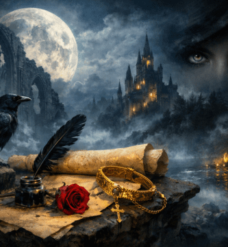 Ilustración romántica nocturna inspirada en Bécquer: luna llena, ruinas góticas, cuervo, pluma y pergamino, rosa roja y pulsera dorada con cruz, con ojos verdes en la niebla.