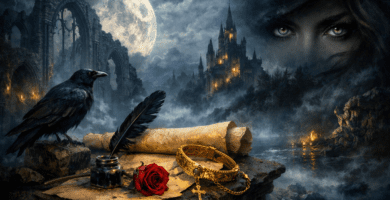 Ilustración romántica nocturna inspirada en Bécquer: luna llena, ruinas góticas, cuervo, pluma y pergamino, rosa roja y pulsera dorada con cruz, con ojos verdes en la niebla.