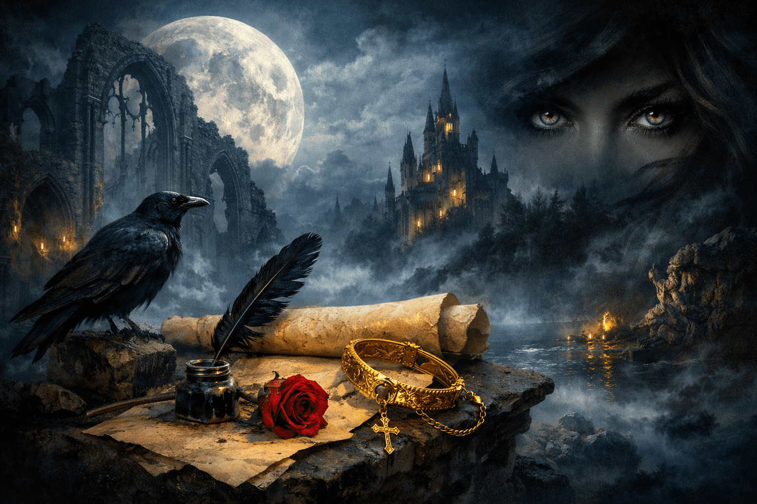 Ilustración romántica nocturna inspirada en Bécquer: luna llena, ruinas góticas, cuervo, pluma y pergamino, rosa roja y pulsera dorada con cruz, con ojos verdes en la niebla.
