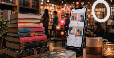 Imagen editorial sobre BookTok con libros, un móvil y una atmósfera de librería contemporánea