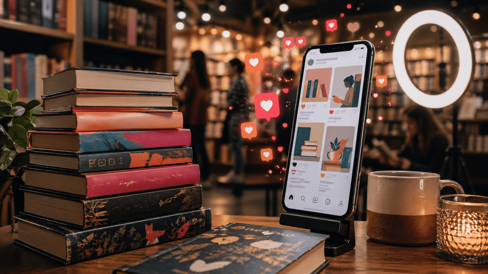 Imagen editorial sobre BookTok con libros, un móvil y una atmósfera de librería contemporánea