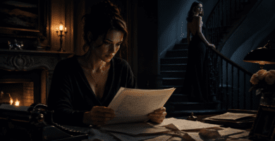Imagen editorial inspirada en Verity con una escritora leyendo un manuscrito y una figura femenina al fondo en una casa oscura