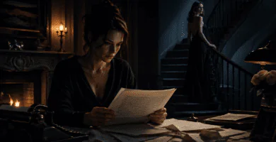 Imagen editorial inspirada en Verity con una escritora leyendo un manuscrito y una figura femenina al fondo en una casa oscura