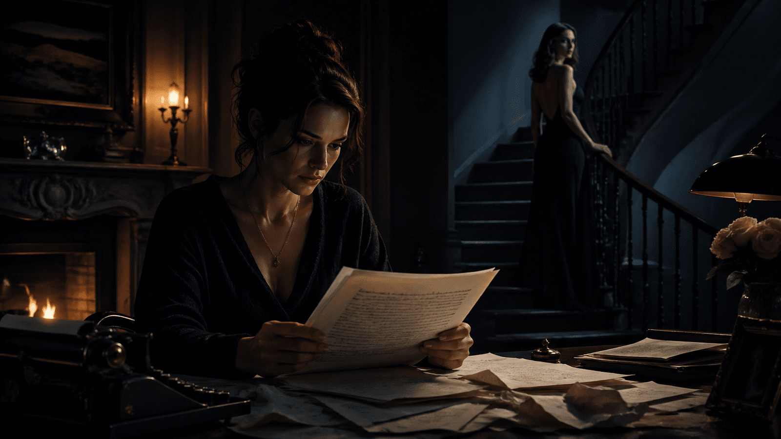Imagen editorial inspirada en Verity con una escritora leyendo un manuscrito y una figura femenina al fondo en una casa oscura