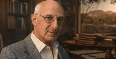 Retrato editorial de David Malouf en un estudio, para una portada sobre su legado literario