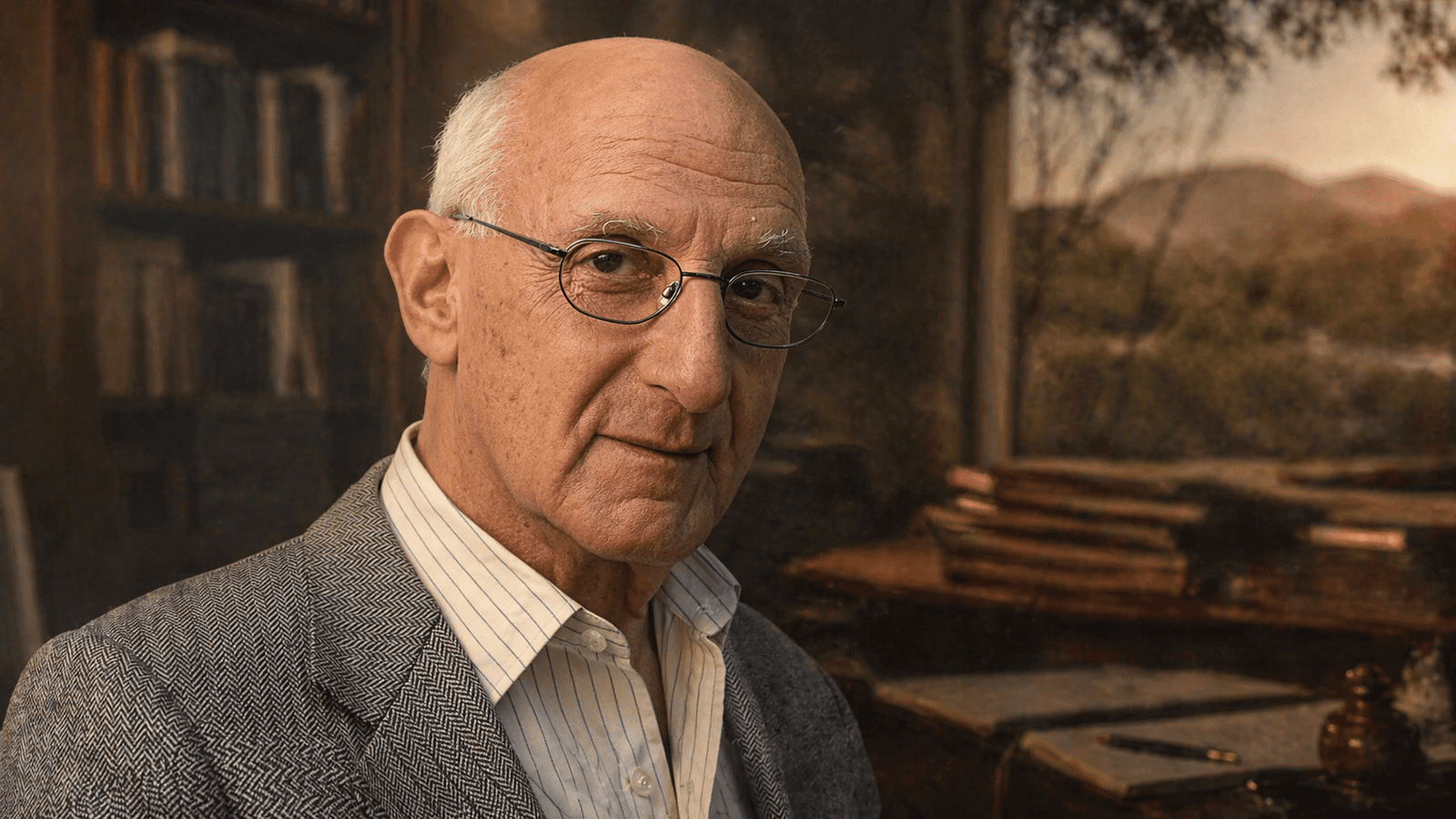 Retrato editorial de David Malouf en un estudio, para una portada sobre su legado literario