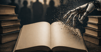 Libro abierto y mano robótica en una escena editorial sobre inteligencia artificial y derechos de autor