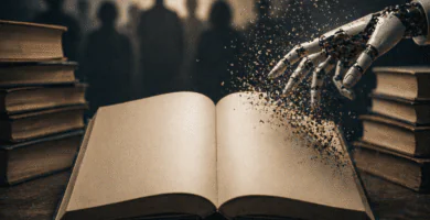 Libro abierto y mano robótica en una escena editorial sobre inteligencia artificial y derechos de autor