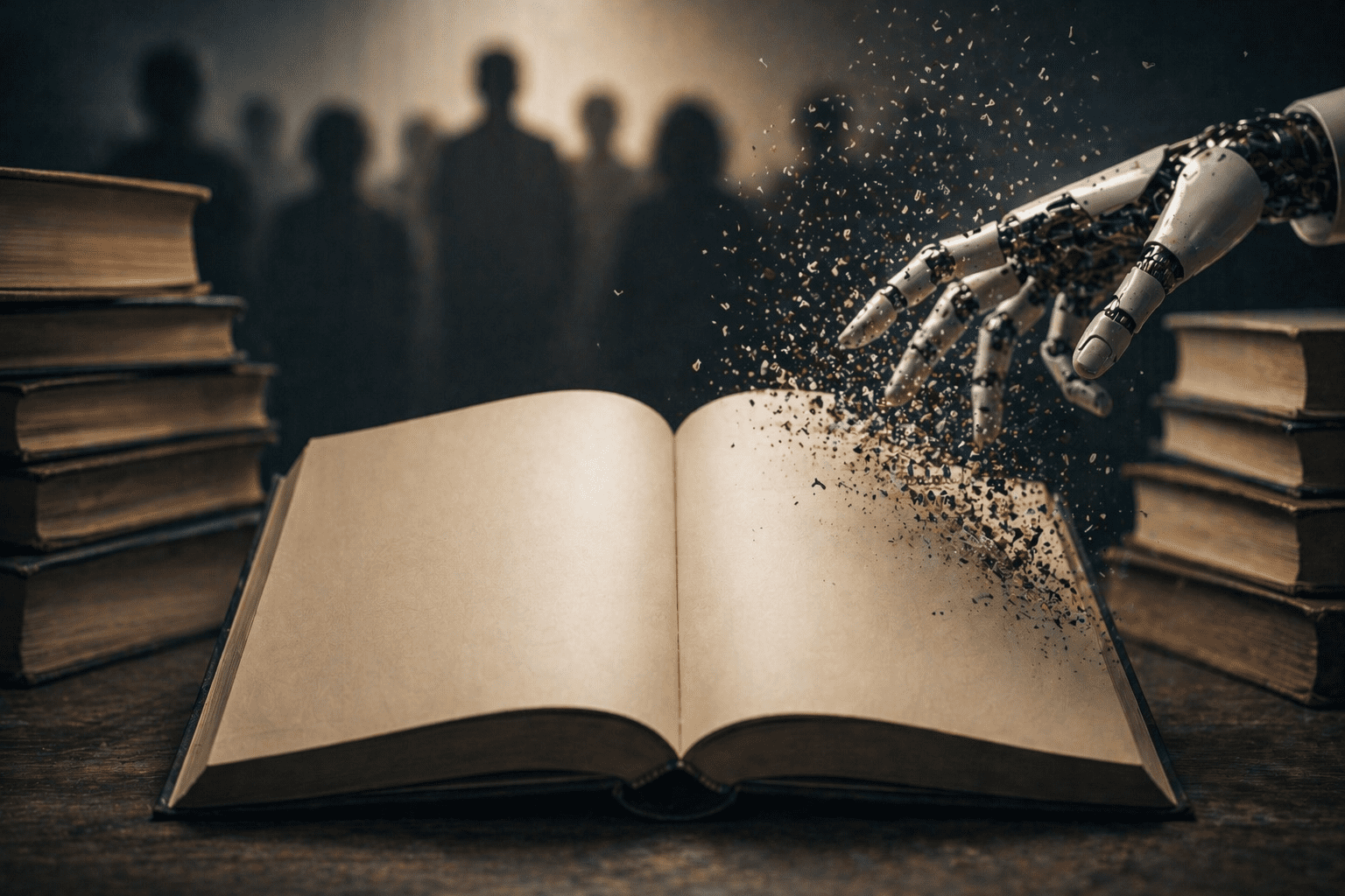 Libro abierto y mano robótica en una escena editorial sobre inteligencia artificial y derechos de autor