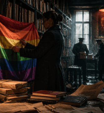 Imagen editorial sobre censura en Rusia con una gran bandera LGBT en un archivo de libros bajo vigilancia
