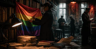 Imagen editorial sobre censura en Rusia con una gran bandera LGBT en un archivo de libros bajo vigilancia