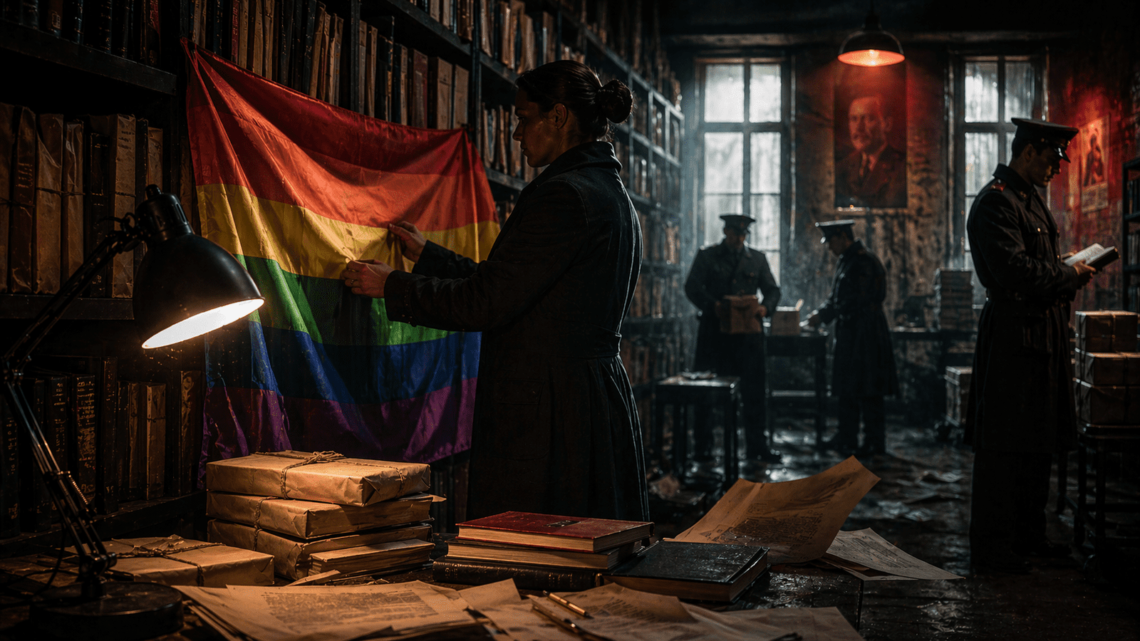 Imagen editorial sobre censura en Rusia con una gran bandera LGBT en un archivo de libros bajo vigilancia