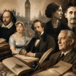 Escritores ingleses destacados con libros antiguos, manuscritos, pluma, biblioteca clásica y Londres al fondo.