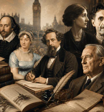 Escritores ingleses destacados con libros antiguos, manuscritos, pluma, biblioteca clásica y Londres al fondo.
