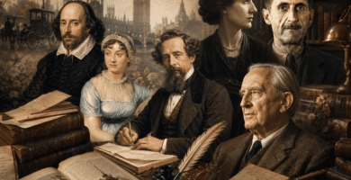 Escritores ingleses destacados con libros antiguos, manuscritos, pluma, biblioteca clásica y Londres al fondo.